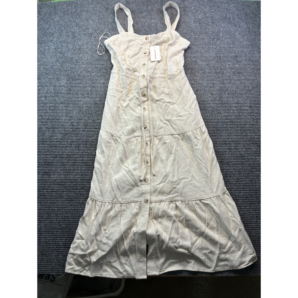 Lucky Brand Womens Beige Linen Blend Button Front Tiered Maxi Dress Cottage SZ M - Picture 2 of 9